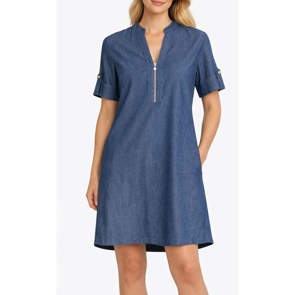 Anne Klein Blue Denim Shift Dress Gold Lion Head Zip‎ Split Neck Short Sleeve M